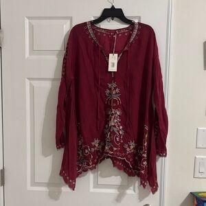 Boho Embroidered Peasant Top - Burgundy